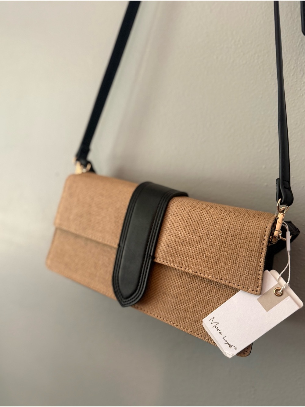 Moda Luxe Tan Clutch with Black Strap Accent